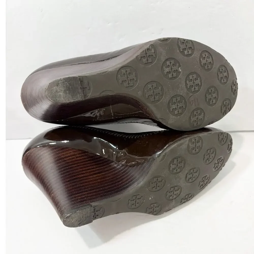 Tory Burch Brown Patent Leather Sally Wedge Pumps